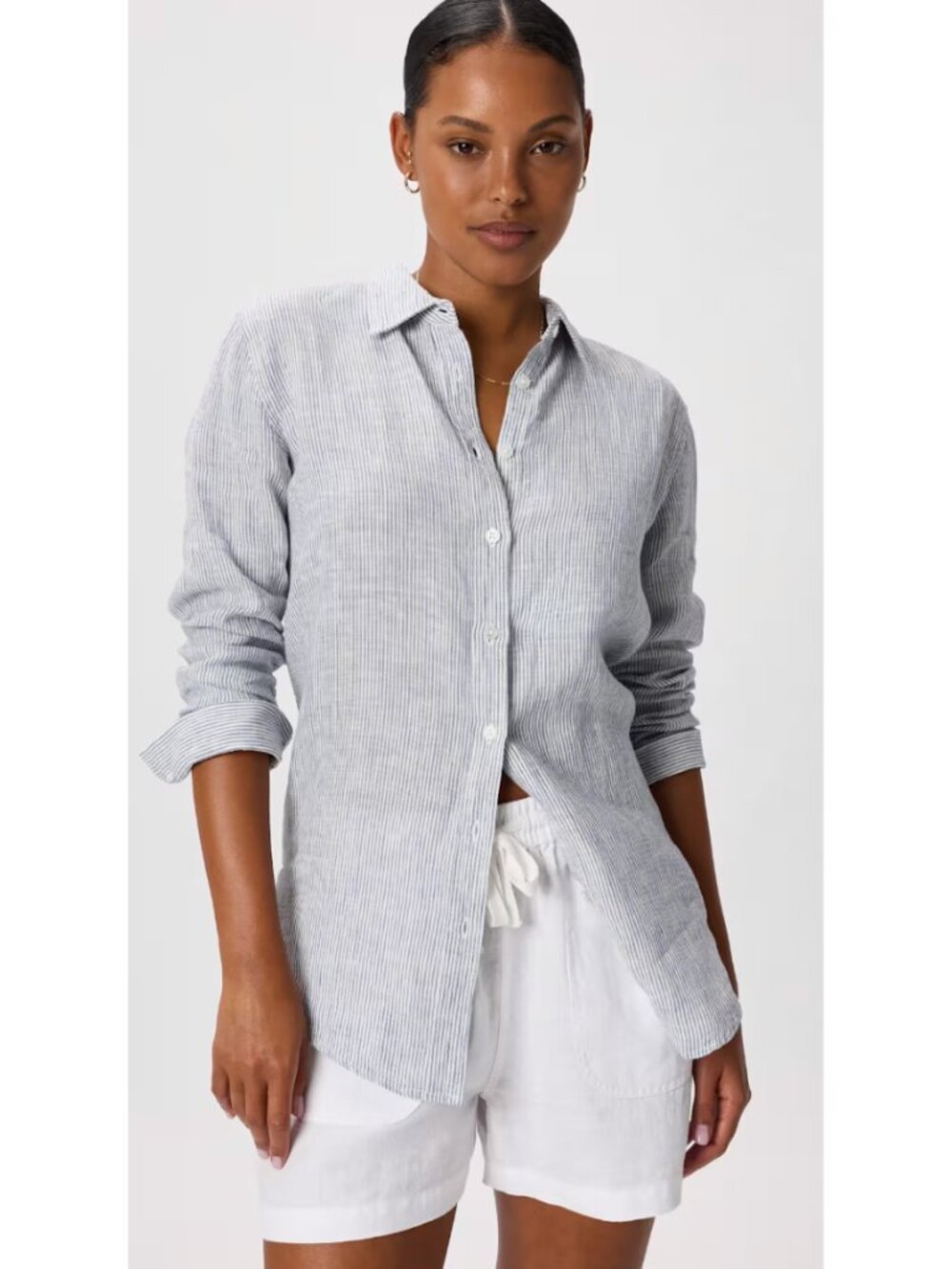 Quince Blue White Striped 100% Linen Button-Up Shirt Medium